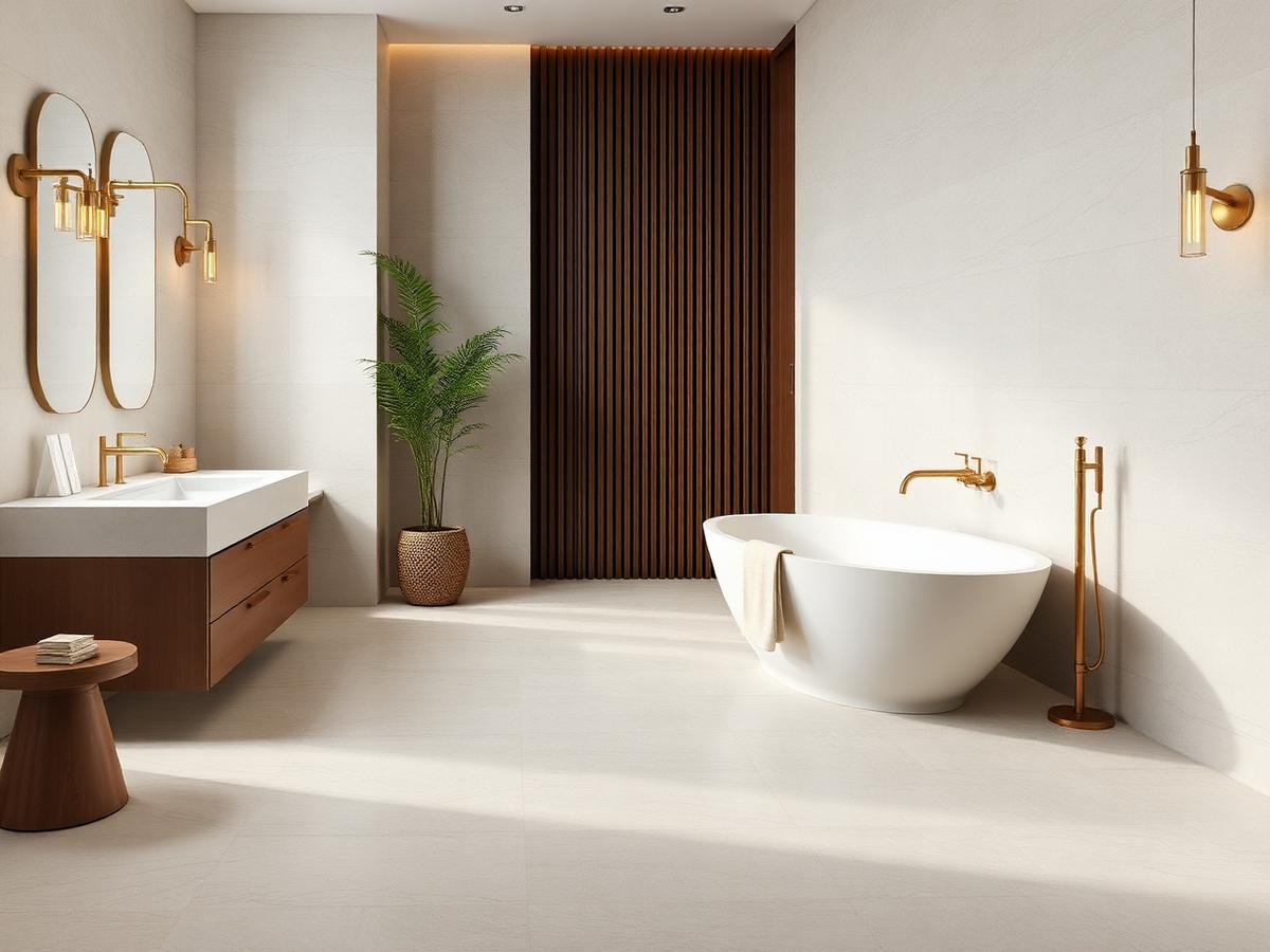Modern remodeled bathroom with stone tile and brass fixtures