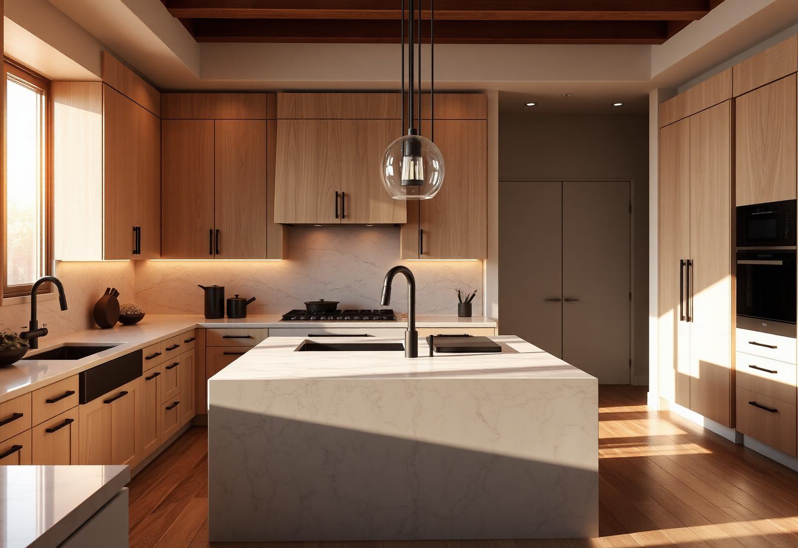 Newly remodeled luxury kitchen with white oak cabinetry and marble island